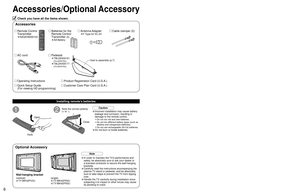 Page 6
6
7
Quick Start Guide

 Accessories/Optional Accessory

A

a

b

B
Accessories/Optional Accessory
1
Open
Hook
2Note the correct polarity
(+ or -). CloseCaution
• Incorrect installation may cause battery 
leakage and corrosion, resulting in 
damage to the remote control.
• Do not mix old and new batteries.
• Do not mix different battery types (such as 
alkaline and manganese batteries).
• Do not use rechargeable (Ni-Cd) batteries.
• Do not burn or break batteries.
Wall-hanging bracket
Accessories...