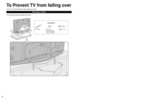 Page 8
8
9
Quick Start Guide

 To Prevent TV from falling over

• Fix pedestal and base together with band.• Fix to wall or post with strong commercial wire or chain.
Main screw Remove screw
Securing to a base
To Prevent TV from falling over
Securing to a wall
• The TV must be fastened to both a base and a wall.

 Band (2)
 Screw (2)
  
Wood screw 
(2)
Accessories
•   Nominal diameter
4mm x 10 (for 42’) 
4mm x 12 (for 50’) 
Main screw
Clamp (2)
Accessories 