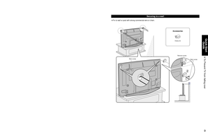 Page 9
8
9
Quick Start Guide

 To Prevent TV from falling over

• Fix pedestal and base together with band.• Fix to wall or post with strong commercial wire or chain.
Main screw Remove screw
Securing to a base
To Prevent TV from falling over
Securing to a wall
• The TV must be fastened to both a base and a wall.

 Band (2)
 Screw (2)
  
Wood screw 
(2)
Accessories
•   Nominal diameter
4mm x 10 (for 42’) 
4mm x 12 (for 50’) 
Main screw
Clamp (2)
Accessories 