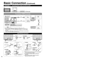 Page 16
16
17
Quick Start Guide

 Identifying  Controls
 Basic Connection (TV + Home Theater + DVD Recorder)

To connect HDMI terminals

RLHDMI 1AUDIO IN
VIDEO
S VIDEO

PRPBY

DIGITALAUDIO OUT
HDMI 2AUDIO INAV IN  1AV IN  2
ANTENNACable In
-
SUBSU BMENUM EN U
-
ANTENNACable InANTENNACable In
Identifying Controls
• The TV consumes a limited amount of power as long as the power cord is inser\
ted into the wall outlet.
Note
Basic Connection (Continued)
Example 4Connecting Home Theater and DVD recorder
Home...