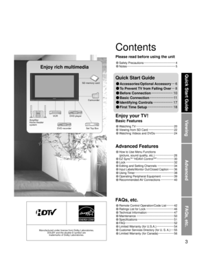 Page 33
Viewing
Advanced
FAQs, etc.
Quick Start Guide
Contents
Manufactured under license from Dolby Laboratories.
DOLBY and the double-D symbol are 
trademarks of Dolby Laboratories.
Enjoy rich multimedia
SD memory card
Camcorder
Amplifier
Home theater 
systemVCR DVD player
DVD recorder Set Top Box
• Watching TV ··············································· 20
• Viewing from SD Card ······························· 22
• Watching Videos and DVDs ······················· 24
• How to Use Menu Functions...