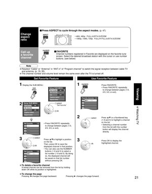 Page 2121
Viewing
 Watching TV
Favorite channels1/3
1
2
3
4
26-1      - - -
Set favorite 1/3
1
2
3
---
---
---
---
4
Setup SUB MENU
AllSurf mode
Set favorite
OffCC
Caption select
Signal meter
Setup SUB MENUAllSurf mode
Set favorite
OffCC
Caption select
Signal meter
Set favorite 1/3
1
2
3
4
26-1      - - -
SUBSUBMENUMENU
Change
aspect
ratio
Call up
a favorite
channel
■ Press ASPECT to cycle through the aspect modes. (p. 47)
•  480i, 480p:  FULL/JUST/4:3/ZOOM
•  1080p, 1080i, 720p:  FULL/H-FILL/JUST/4:3/ZOOM
■...