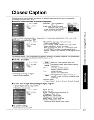 Page 3737
Advanced
 Input Labels/Monitor Out/Closed Caption
Digital setting
Size
Font
Style
Foreground
Fore opacity
Background
Automatic
Automatic
Automatic
Automatic
Automatic Automatic
Back opacity
Outline
Automatic
Automatic
Custom
3
4
-
-
Input labels
Comp. 1 
HDMI 1
HDMI 2
Video 1
CustomComp. 2 
Video 2
-Video 3
CC
Mode
Analog
Digital
Digital setting
CC reset
CC1
PrimaryOn
Video 1
VCR
Monitor out
HDMI 1
HDMI 2
Comp. 2 
Video 2
Video 3
Comp. 1  On
Video 1
On
On
On
Off
On
On
Closed Caption
■ To make more...