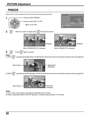 Page 3030
FREEZE
ACTIONCH
CH VOL VOL
Press to select FREEZE.
Press to select SPLIT or PIP.
SPLIT PIP
1
Select SPLIT or PIP to determine the frozen picture frame during single screen.
FREEZE
FREEZETV/VCR
FREEZE
2When the screen is single press FREEZETV/VCR to freeze the screen.
When FREEZE SPLIT is selected. When FREEZE PIP is selected.
3
FREEZETV/VCRPress FREEZETV/VCR again to recover.
Notes:
(1) 
When FREEZETV/VCR  is pressed during Split Screen, the Split Screen will be frozen and the main picture continues...