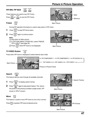 Page 4747
Picture in Picture Operation
PIP MIN, PIP MAX
Freeze
These features are used to size PIP Frame.
Press PIP MINREW or 
PIP MAXFF to size the PIP Frame.
During PIP operation this feature is used to stop action in PIP frame.
PIP MINREWPIP MAXFF
FREEZETV/VCR
Press FREEZETV/VCR again to continue action. Press 
FREEZETV/VCR to stop PIP frame action.
 1  In PICTURE MENU OTHER ADJ, select FREEZE
PIP or SPLIT (see page 30).
 2  Press FREEZETV/VCR while PIP frame is not displayed.
1
2
Note:
To stop action for...