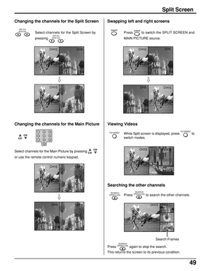 Page 4949
Split Screen
Changing the channels for the Split Screen Swapping left and right screens
Changing the channels for the Main Picture
Select channels for the Main Picture by pressing CHCH
or use the remote control numeric keypad.
Viewing Videos
While Split screen is displayed, press TV/VIDEO to
switch modes. Select channels for the Split Screen by
pressing 
PIP CH
VCR CH .Press 
SWAP to switch the SPLIT SCREEN and
MAIN PICTURE source.SWAP
CH10
CH10
CHCH
123
456
78
09
CH10
CH5
CH10
CH5CH5
CH10
TV/VIDEO...