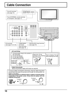 Page 1010
S VIDEO VIDEO
INPUT 3
L   AUDIO   RPC
S-VIDEOPC CHANNEL VOLUME ACTION INPUTHPJVIDEOVIDEO3R   AUDIO   L
PROG OUTCOMPONENT VIDEO INPUT
S VIDEO
DIGITAL
IN
VIDEOY
P
B
L
RL
R
ANT 1 ANT 2SPLIT
OUT
PR
1212INPUT
TO AUDIO
AMPAUDIO
AV terminals
(see page 13,14,16)COMPONENT
and Audio
Input terminals
(see page 15) Front AV  terminal
(see page 12)
From EXTERNAL monitor terminal
on Computer  (see page 17)
DIGITAL(DVI) Input terminal
(see page 16)
VIDEO
13
24
Cable Connection
– Cable fixing bands
Secure any excess...