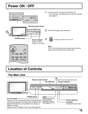 Page 1919
POWERPOWER button
Power ON / OFF
Connect the AC cord plug to the Plasma TV.
• Fix the power cord plug securely with the clamper
(see page 11).
2    Connect the plug to the wall outlet. Remote control senser
Power indicater
Power on: Red
Power off: No LightPress to turn the TV on or off.
TVVCRDVD
DBSRCVRCBL
LIGHT
TV/VIDEOA -ANTENNA - B
SAP
AUX
ASPECT
R
BBE
POWERNote:
The TV will still consume some power as long as the
power cord is inserted into the wall outlet.
1
3
The Main Unit
S-VIDEOPC CHANNEL...