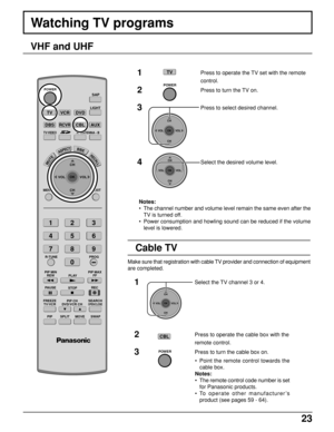 Page 2323
Watching TV programs
VHF and UHF
MENU
R-TUNE
PIP MIN
REWPIP MAX
FF
PLAYPROG
EXIT
VCRDVD
DBSRCVR
LIGHT
A -ANTENNA - B
SAP
123
456
78
0
9
AUX
ASPECT
MUTERECALL
BBE
STOPPAUSE
FREEZE
TV/VCR
PIP SPLIT MOVE
SWAP
SEARCHOPEN/CLOSEPIP CH
DVD/VCR CH
REC
CH
VOL
CHVOL
OK
POWER
TV/VIDEO
TV
CBL
1Press to operate the TV set with the remote
control.
2Press to turn the TV on.
3Press to select desired channel.
4Select the desired volume level.
POWER
Notes:
•The channel number and volume level remain the same even after...