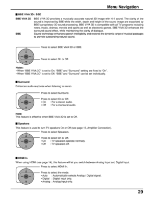 Page 2929
Press to select Surround.
Press to select On or Off.
• On : For a stereo audio.
• Off : For a monaural audio.
CH
VOL
CHVOL
OK
Press to select Speakers.
Press to select On or Off.
• On : TV speakers operate normally.
• Off : TV speakers off. Notes:
• When “BBE VIVA 3D” is set to On, “BBE” and “Surround” setting are fixed to “On”.
• When “BBE VIVA 3D” is set to Off, “BBE” and “Surround” can be set individually.
CH
VOL
CHVOL
OK
CH
VOL
CHVOL
OK
Press to select BBE VIVA 3D or BBE.
Press to select On or...