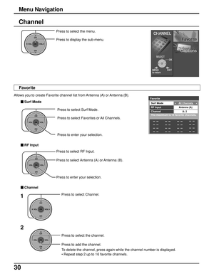 Page 3030
Channel
Press to select Surf Mode.
Press to select Favorites or All Channels.
Press to enter your selection.
1Press to select Channel.
Press to select the channel.
Press to add the channel.
To delete the channel, press again while the channel number is displayed.
• Repeat step 2 up to 16 favorite channels.
2
Press to select RF Input.
Press to select Antenna (A) or Antenna (B).
Press to enter your selection.
CH
VOL
CHVOL
OK
CH
VOL
CHVOL
OK
Allows you to create Favorite channel list from Antenna (A) or...