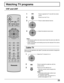 Page 2323
Watching TV programs
VHF and UHF
MENU
R-TUNE
PIP MIN
REWPIP MAX
FF
PLAYPROG
EXIT
VCRDVD
DBSRCVR
LIGHT
A -ANTENNA - B
SAP
123
456
78
0
9
AUX
ASPECT
MUTERECALL
BBE
STOPPAUSE
FREEZE
TV/VCR
PIP SPLIT MOVE
SWAP
SEARCHOPEN/CLOSEPIP CH
DVD/VCR CH
REC
CH
VOL
CHVOL
OK
POWER
TV/VIDEO
TV
CBL
1Press to operate the TV set with the remote
control.
2Press to turn the TV on.
3Press to select desired channel.
4Select the desired volume level.
POWER
Notes:
•The channel number and volume level remain the same even after...