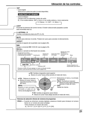 Page 2121
SAP
•Canal digital
Selecciona la pista de audio (si está disponible).
•Canal analógico
Cambia entre los diferentes modos de audio.
Ej.: Si se recibe estéreo, SAP y mono o si se recibe estéreo y mono solamente:
EXIT
Salida los menús.
CH
VOL
CHVOL
OK
MENU EXIT
 
CH: Cambia al siguiente canal superior.
 
: Mueve el cursor hacia arriba durante el modo del menú.
 
VOL : Reduce el volumen.
 
: Mueve el cursor hacia la
izquierda durante el modo
del menú.Selecciona el menú y la entrada
de submenú.
VOL :...