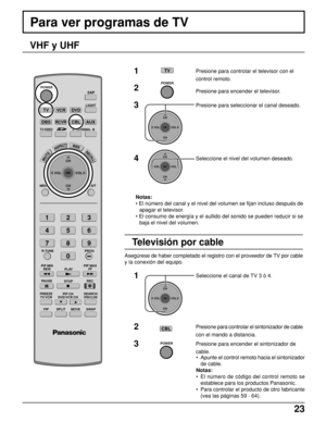 Page 2323
Para ver programas de TV
VHF y UHF
MENU
R-TUNE
PIP MIN
REWPIP MAX
FF
PLAYPROG
EXIT
VCRDVD
DBSRCVR
LIGHT
A -ANTENNA - B
SAP
123
456
78
0
9
AUX
ASPECT
MUTERECALL
BBE
STOPPAUSE
FREEZE
TV/VCR
PIP SPLIT MOVE
SWAP
SEARCHOPEN/CLOSEPIP CH
DVD/VCR CH
REC
CH
VOL
CHVOL
OK
POWER
TV/VIDEO
TV
CBL
1Presione para controlar el televisor con el
control remoto.
2Presione para encender el televisor.
3Presione para seleccionar el canal deseado.
4Seleccione el nivel del volumen deseado.
POWER
Notas:
• El número del canal y...