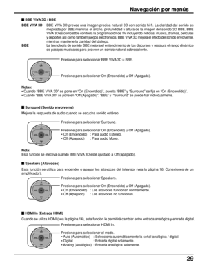 Page 2929
Presione para seleccionar Surround.
Presione para seleccionar On (Encendido) u Off (Apagado).
• On (Encendido) : Para audio Estéreo.
• Off (Apagado) : Para audio Mono.
CH
VOL
CHVOL
OK
Presione para seleccionar Speakers.
Presione para seleccionar On (Encendido) u Off (Apagado).
• On (Encendido) : Los altavoces funcionan normalmente.
• Off (Apagado) : Los altavoces no funcionan. Notas:
• Cuando “BBE VIVA 3D” se pone en “On (Encendido)”, puesta “BBE” y “Surround” se fija en “On (Encendido)”.
• 
Cuando...