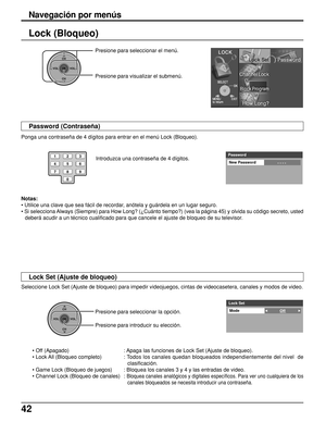 Page 4242
Lock (Bloqueo)
Introduzca una contraseña de 4 dígitos.
Notas:
• Utilice una clave que sea fácil de recordar, anótela y guárdela en un lugar seguro.
• Si selecciona Always (Siempre) para How Long? (¿Cuánto tiempo?) (vea la página 45) y olvida su código secreto, usted
deberá acudir a un técnico cualificado para que cancele el ajuste de bloqueo de su televisor. Ponga una contraseña de 4 dígitos para entrar en el menú Lock (Bloqueo).
Seleccione Lock Set (Ajuste de bloqueo) para impedir videojuegos, cintas...