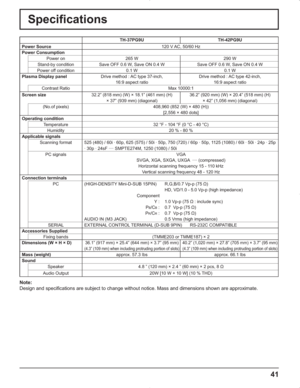 Page 4141
Specifications
TH-37PG9U TH-42PG9U
Power Source 120 V AC, 50/60 Hz
Power Consumption
Power on 265 W 290 W
Stand-by condition Save OFF 0.6 W, Save ON 0.4 W Save OFF 0.6 W, Save ON 0.4 W
Power off condition 0.1 W 0.1 W
Plasma Display panelDrive method : AC type 37-inch,
16:9 aspect ratioDrive method : AC type 42-inch,
16:9 aspect ratio
Contrast Ratio Max 10000:1
Screen size32.2” (818 mm) (W) × 18.1” (461 mm) (H) 
× 37” (939 mm) (diagonal)36.2” (920 mm) (W) × 20.4” (518 mm) (H) 
× 42” (1,056 mm)...
