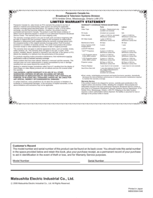 Page 44Printed in Japan
MBS0306A1046
Customer’s Record
The model number and serial number of this product can be found on its back cover. You should note this serial number 
in the space provided below and retain this book, plus your purchase receipt, as a permanent record of your purchase 
to aid in identification in the event of theft or loss, and for Warranty Service purposes.
Model Number  Serial Number         
Matsushita Electric Industrial Co., Ltd.
¤2006 Matsushita Electric Industrial Co., Ltd. All...
