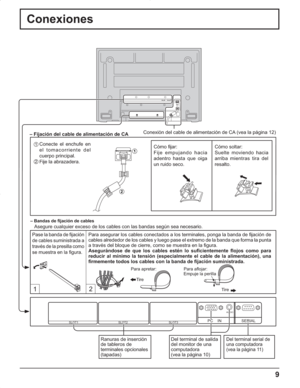 Page 539
Conexiones
2
1
SERIAL PC    IN
AUDIO
SLOT1 SLOT2 SLOT3
12
Conexión del cable de alimentación de CA (vea la página 12)
1 Conecte el enchufe en 
el tomacorriente del 
cuerpo principal.
2 Fije la abrazadera. – Fijación del cable de alimentación de CA
Cómo fijar: 
Fije empujando hacia 
adentro hasta que oiga 
un ruido seco.Cómo soltar:
Suelte moviendo hacia 
arriba mientras tira del 
resalto.
– Bandas de fijación de cables
Asegure cualquier exceso de los cables con las bandas según sea necesario.
Pase la...