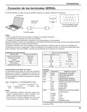 Page 5511
Conexiones
Conexión de los terminales SERIAL
Notas:
•  Utilice el cable RS-232C para conectar el ordenador a la pantalla de plasma.
•  Los ordenadores mostrados sólo sirven como ejemplo.
•  El equipo y los cables adicionales mostrados no son suministrados con este aparato.
El terminal SERIAL cumple con la especificación de interface RS-232C para que pueda controlar la pantalla de plasma
mediante un ordenador conectado en este terminal.
El ordenador requiere el uso de un software que permita transmitir...