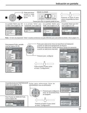 Page 6117
A la pantalla “Señal” para 
“Componente” (vea la página 33)
2  Pulse para tener 
acceso a cada 
pantalla de 
ajuste.Presione el botón R para 
volver a la pantalla de menú 
anterior.
Presione el botón R para volver 
al menú “Configuración”. Pulse para seleccionar Hora de 
ENCENDIDO/ Hora de APAGADO.
Presione para configurar la 
Hora de Encendido/Hora 
de Apagado.
Sincro
P-NR
Señal
Auto
Fre. H.
Fre. V.kHz
Hz33.8
60.0
[ 
RGB ]
Cinema realityApagado
ApagadoCinema reality
P-NR
Señal
Apagado
Apagado
[...