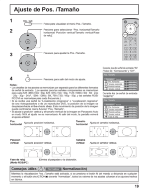 Page 6319
Ajuste de Pos. /Tamaño
NormalNormalizar
Pos. /Tamaño
Posición vertical Pos. horizontal
Tamaño verticalTamaño horizontal
Fase de reloj
00000
1Pulse para visualizar el menú Pos. /Tamaño.
Presione para seleccionar “Pos. horizontal/Tamaño 
horizontal/ Posición vertical/Tamaño vertical/Fase 
de reloj”.
Presione para ajustar la Pos. /Tamaño.
Presione para salir del modo de ajuste.
Durante los de señal de entrada “AV
(Video S)”, “Componente” y “DVI”.
Durante los de señal de entrada
“RGB/PC”.
3 2
Notas:
•...