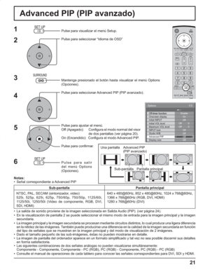 Page 6521
Advanced PIP (PIP avanzado)
1
2
3
5Pulse para visualizar el menú Setup.
Pulse para seleccionar “Idioma de OSD”
Mantenga presionado el botón hasta visualizar el menú Options 
(Opciones).
Pulse para seleccionar Advanced PIP (PIP avanzado).
Pulse para ajustar el menú.
Off  (Apagado):    Configura el modo normal del visor 
de dos pantallas (ver página 20).
On (Encendido):  Configura el modo Advanced PIP.
Pulse para confirmar.
Pulse para salir 
del menú Options 
(Opciones).
4
6
Notas:
•  Señal...