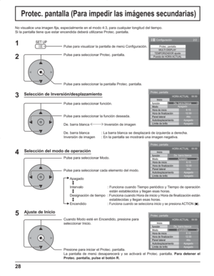 Page 7228
No visualice una imagen fija, especialmente en el modo 4:3, para cualquier longitud del tiempo.
Si la pantalla tiene que estar encendida deberá utilizarse Protec. pantalla.
Selección de Inversión/desplazamiento
2
3 1
4
Pulse para visualizar la pantalla de menú Configuración.
Pulse para seleccionar Protec. pantalla.
Pulse para seleccionar la pantalla Protec. pantalla.
Pulse para seleccionar función.
Pulse para seleccionar la función deseada.
De. barra blanca   Inversión de imagen 
De. barra blanca  :...