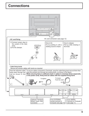 Page 99
Connections
2
1
SERIAL PC    IN
AUDIO
SLOT1 SLOT2 SLOT3
12
From SERIAL 
Terminal on Computer
(see page 11)From EXTERNAL 
monitor terminal on 
Computer (see page 10)
AC cord connection (see page 12)
1 Connect power plug to 
the socket of the main 
body.
2 Fix the clamper. – AC cord fixing
Optional Terminal 
Board Insert Slot 
(covered)How to fix:
Fix by pushing in until a 
clicking sound is heard.How to release:
Pull up while drawing in 
the knob.
– Cable fixing bands
Secure any excess cables with bands...