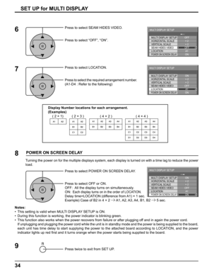 Page 3434
MULTI DISPLAY SETUP ON
OFF 
A1 
LOCATION 
MULTI DISPLAY SETUP 
HORIZONTAL SCALE 
VERTICAL SCALE 
SEAM HIDES VIDEO × 2 
× 2 
ON 
POWER ON SCREEN DELAY 
MULTI DISPLAY SETUPOFF
OFF
A1
LOCATION
MULTI DISPLAY SETUP
HORIZONTAL SCALE
VERTICAL SCALE
SEAM HIDES VIDEO× 2
× 2
ON
POWER ON SCREEN DELAY
MULTI DISPLAY SETUP ON
OFF 
MULTI DISPLAY SETUP 
HORIZONTAL SCALE 
VERTICAL SCALE 
SEAM HIDES VIDEO 
A1 
LOCATION × 2 
× 2 
POWER ON SCREEN DELAY ON 
SET UP for MULTI DISPLAY
Display Number locations for each...