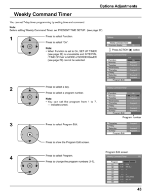 Page 4343
Options 
On Weekly Command TimerOnscreen display 
1/3 
 
Weekly Command Timer 
On Program1Function Monday 
Program3Tuesday --- Wednesday Program3Thursday --- Friday Program6Saturday Program4Sunday Program Edit 
Weekly Command Timer 
Program1On Monday Function 
Program3Tuesday 
--- Wednesday Program3Thursday --- Friday Program6Saturday Program4Sunday Program Edit 
Program3Thursday --- Friday Program6Saturday Program4Sunday Program Edit 
Weekly Command Timer 
8:00 
10:30 01
02
1/8
--:-- 03--:-- 04--:--...