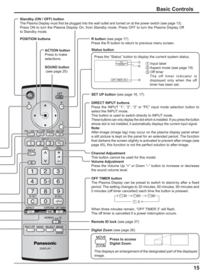 Page 1515
Basic Controls
OFF  TIMER 90
1
2
3 PCNORMAL
Standby (ON / OFF) button
The Plasma Display must ﬁ rst be plugged into the wall outlet and turned on at the power switch (see page 13).
Press ON to turn the Plasma Display On, from Standby mode. Press OFF to turn the Plasma Display Off 
to Standby mode.
SET UP button (see page 16, 17)
DIRECT INPUT buttons
Press the INPUT “1”, “2”, “3” or “PC” input mode selection button to 
select the INPUT mode.
This button is used to switch directly to INPUT mode.
These...