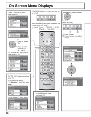 Page 1616
Normal Viewing PICTURESETUP
SOUNDPOS. /SIZE
On-Screen Menu Displays
The MENU button on the unit can also be 
pressed.
Each time the MENU button is pressed, the 
menu screen will switch.
0
0
0
0
0
0
2.2 W/B LOW B BLACK EXTENSION
W/B HIGH B
W/B LOW R
AGC GAMMA INPUT LEVEL
W/B HIGH R
ADVANCED SETTINGS
NORMALNORMALIZE
OFF
To PICTURE adjust menu
(see page 23)
To ADVANCED SETTINGS
(see page 23, 24)Press to select 
“ON”.
Press to enter 
ADVANCED 
SETTINGS.
1/2
PC
OFF
STANDBY SAVE
OFF
POWER MANAGEMENTOFF
AUTO...