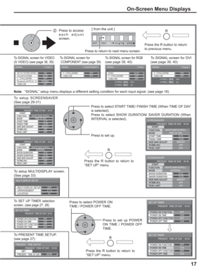 Page 1717
2  Press to access 
each adjust 
screen.
Press the R button to return 
to previous menu.
Press the R button to return to 
“SET UP” menu. Press to select POWER ON 
TIME / POWER OFF TIME.
Press to set up POWER 
ON TIME / POWER OFF 
TIME.
To PRESENT TIME SETUP.
(see page 27)
SYNC
VIDEO NR
SIGNAL
AUTO
H-FREQ.
V-FREQ.kHz
Hz33.8
60.0
[
RGB ]
3 : 2 PULLDOWNOFF
OFF3 : 2 PULLDOWN
VIDEO NR
SIGNAL
OFF
OFF
 [ 
COMPONENT ]
3D Y/C FILTER (NTSC)
COLOR SYSTEM
SIGNAL
ON
AUTO
3 : 2 PULLDOWNOFFPanasonic AUTO (4 :...