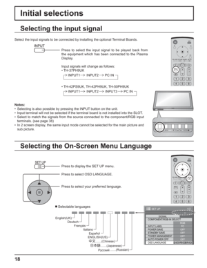 Page 1818
Initial selections
Selecting the On-Screen Menu Language Selecting the input signal
Press to display the SET UP menu.
Press to select OSD LANGUAGE.
Press to select your preferred language.
 Selectable languages
1/2
PC
OFF
STANDBY SAVE
OFF
POWER MANAGEMENTOFF
AUTO POWER OFF
OFF
OSD LANGUAGEENGLISH (
US) COMPONENT/RGB-IN SELECT
RGB
INPUT LABELSIGNAL
POWER SAVE
SET UP
Select the input signals to be connected by installing the optional Terminal Boards.
Press to select the input signal to be played back...