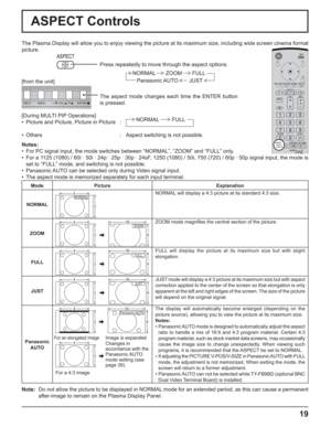 Page 1919
ASPECT Controls
The Plasma Display will allow you to enjoy viewing the picture at its maximum size, including wide screen cinema format 
picture.
Press repeatedly to move through the aspect options:
Notes:
•  For PC signal input, the mode switches between “NORMAL”, “ZOOM” and “FULL” only.
•  For a 1125 (1080) / 60i · 50i · 24p · 25p · 30p · 24sF, 1250 (1080) / 50i, 750 (720) / 60p · 50p signal input, the mode is 
set to “FULL” mode, and switching is not possible.
•  Panasonic AUTO can be selected only...