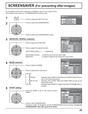 Page 2929
Do not display a still picture, especially in NORMAL mode, for any length of time.
If the display must remain on, a SCREENSAVER should be used.
NEGATIVE / SCROLL selection
2
3 1
4
Press to display the SET UP menu.
Press to select the SCREENSAVER.
Press to select the SCREENSAVER screen.
Press to select the FUNCTION.
Press to select the desired function.
WHITE BAR SCROLL  NEGATIVE 
WHITE BAR SCROLL  : A white bar will scroll from left to right.
NEGATIVE    : A negative image will be displayed on the...