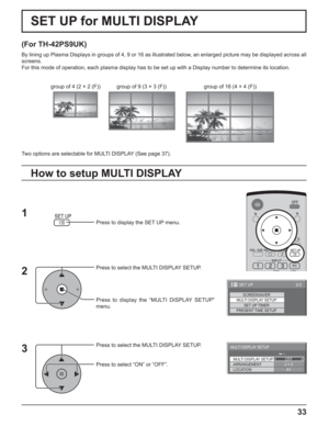 Page 3333
SET UP for MULTI DISPLAY
(For TH-42PS9UK)
By lining up Plasma Displays in groups of 4, 9 or 16 as illustrated below, an enlarged picture may be displayed across all 
screens.
For this mode of operation, each plasma display has to be set up with a Display number to determine its location.
Press to display the SET UP menu.
Press to select the MULTI DISPLAY SETUP.
Press to display the “MULTI DISPLAY SETUP” 
menu.
Press to select the MULTI DISPLAY SETUP.
Press to select “ON” or “OFF”.
How to setup MULTI...