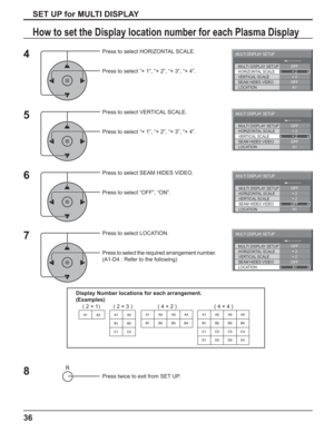 Page 3636
SET UP for MULTI DISPLAY
How to set the Display location number for each Plasma Display 
Display Number locations for each arrangement.
(Examples)
Press twice to exit from SET UP.
4
7
MULTI DISPLAY SETUPOFF
OFF
A1
LOCATION
MULTI DISPLAY SETUP
HORIZONTAL SCALE
VERTICAL SCALE
SEAM HIDES VIDEO× 2
× 2
MULTI DISPLAY SETUPOFF
OFF
A1
LOCATION
MULTI DISPLAY SETUP
HORIZONTAL SCALE
VERTICAL SCALE
SEAM HIDES VIDEO× 2
× 2
( 2 × 1) ( 2 × 3 )( 4 × 4 )
8
Press to select HORIZONTAL SCALE.
Press to select “× 1”, “×...