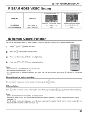 Page 3737
SET UP for MULTI DISPLAY
ID Remote Control Function
You can set the remote control ID when you want to use this remote control on one of several different TVs.
1
2
3Switch to  on the right side.
Press the 
 button on the remote control.
Press one of 
 - , for the tens digit setting.
Press one of 
 - , for the units digit setting. 4
Notes:
•  The numbers in 2, 3 and 4 should be set up quickly.
•  Adjustable ID number range is 0 - 99.
• If a number button is pressed more than two times, the ﬁ rst two...