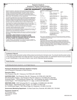 Page 51MBS0306A1046
Panasonic Broadcast & Television Systems Company
Unit of Panasonic Corporation of North America
Executive Ofﬁ ce :
One Panasonic Way 4E-7, Secaucus, NJ 07094 (201) 348-7000
EASTERN ZONE : One Panasonic Way 4E-7 Secaucus, NJ 07094 (201) 348-7621
Mid-Atlantic/New England : One Panasonic Way 4E-7 Secaucus, NJ 07094 (201) 348-7621
Southeast Region : 1225 Northbrook Parkway, Ste 1-160 Suwanee GA 30024 (770)338-6835
Central Region : 1707 N Randall Road E1-C-1, Elgin, IL 60123 (847)468-5200
WESTERN...