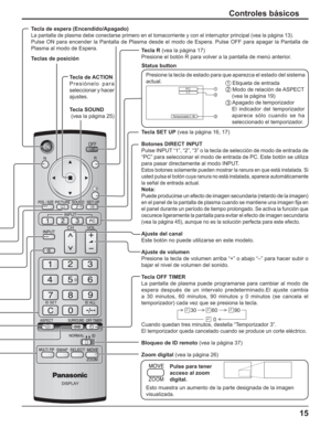 Page 6515
Controles básicos
Temporizador 90
2
3 1
PC4:3
Tecla de espera (Encendido/Apagado)
La pantalla de plasma debe conectarse primero en el tomacorriente y con el interruptor principal (vea la página 13).
Pulse ON para encender la Pantalla de Plasma desde el modo de Espera. Pulse OFF para apagar la Pantalla de 
Plasma al modo de Espera.
Tecla SET UP (vea la página 16, 17)
Botones DIRECT INPUT
Pulse INPUT “1”, “2”, “3” o la tecla de selección de modo de entrada de 
“PC” para seleccionar el modo de entrada de...