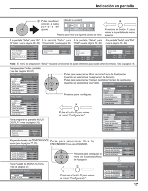 Page 6717
A la pantalla “Señal” para 
“RGB” (vea la página 39, 40)A la pantalla “Señal” para 
“Componente” (vea la página 39)
2  Pulse para tener 
acceso a cada 
pantalla de 
ajuste.Presione el botón R para 
volver a la pantalla de menú 
anterior.
Presione el botón R para volver 
al menú “Conﬁ guración”. Pulse para seleccionar Hora de 
ENCENDIDO/ Hora de APAGADO.
Presione para conﬁ gurar la 
Hora de Encendido/Hora 
de Apagado.
A la pantalla “Señal” para “DVI” 
(vea la página 39, 40)
Para Puesta de HORA ACTUAL...