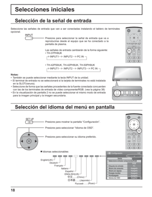 Page 6818
Selecciones iniciales
Selección del idioma del menú en pantalla Selección de la señal de entrada
Presione para mostrar la pantalla “Conﬁ guración”.
Presione para seleccionar “Idioma de OSD”.
Presione para seleccionar su idioma preferido.
 Idiomas seleccionables
1/2
Señal
PC
ApagadoAhorro en reposoApagado
Energía monitorApagadoAutoapagadoApagadoIdioma de OSDEspañol Seleccione entrada componente/RGB
RGB
Etiqueta de entrada
Ahorro de consumo
Configuración
Seleccione las señales de entrada que van a ser...