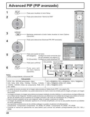 Page 7222
Advanced PIP (PIP avanzado)
1
2
3
5Pulse para visualizar el menú Setup.
Pulse para seleccionar “Idioma de OSD”
Mantenga presionado el botón hasta visualizar el menú Options 
(Opciones).
Pulse para seleccionar Advanced PIP (PIP avanzado).
Pulse para ajustar el menú.
Off (Apagado):   Conﬁ gura el modo normal del visor 
de dos pantallas (ver página 21).
On (Encendido):  Conﬁ gura el modo Advanced PIP.
Pulse para conﬁ rmar.
Pulse para salir 
del menú Options 
(Opciones).
4
6
Notas:
•  Señal...