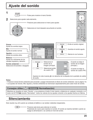 Page 7525
Sonido
NormalNormalizarNormal
0
0
0
Apagado
Agudos0
Mid Modo de sonido
Balance Graves
Sonido ambiental
Principal Salida Audio (PIP)
Ajuste del sonido
Silenciamiento
Graves
Ajusta los sonidos bajos
Mid
Ajusta el sonido normal
Agudos
Ajusta los sonidos altos
Balance
Ajusta los volúmenes de los
canales izquierdo y derecho
Sonido ambiental
Seleccione Encendido o Apagado
Notas:
•
Presione la tecla Sonido ambiental para encender y apagar directamente el efecto de sonido ambiental. (vea la página 14)
•  Los...