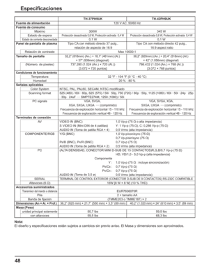 Page 9848
Especiﬁ caciones
TH-37PH9UK TH-42PH9UK
Fuente de alimentación 120 V AC, 50/60 Hz
Fuente de consumo
Máximo 300W 345 W
Estado de espera
Protección desactivada 0,6 W, Protección activada  0,4 W Protección desactivada 0,6 W, Protección activada  0,4 W
Estado de corriente desconectada0,1 W 0,1 W
Panel de pantalla de plasmaTipo CA con método directo 37 pulg.,
 relación de aspecto de 16:9Tipo CA con método directo 42 pulg.,
 16:9 aspect ratio
Relación de contraste Max 10000:1
Tamaño de pantalla
32,2” (818mm)...