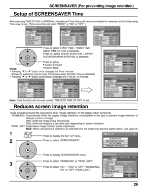 Page 2929
SCREENSAVER
START
FUNCTION
MODE
WOBBLING
PEAK LIMIT FINISH TIME START TIMEWHITE BAR SCROLL
OFF
6:15
12:30
OFF
OFF SIDE BAR ADJUSTBRIGHT PRESENT  TIME OF DAY    99:99
SCREENSAVER
START
FUNCTION
MODE
WOBBLING
PEAK LIMITWHITE BAR SCROLL
12:00
3:00
OFF
OFF INTERVAL
SIDE BAR ADJUSTBRIGHT SAVER DURATION SHOW DURATIONPRESENT  TIME OF DAY    15:00
SCREENSAVER
START
FUNCTION
MODE
WOBBLING
PEAK LIMIT FINISH TIME START TIMEWHITE BAR SCROLL
6:15
12:30
OFF
OFF TIME OF DAY
SIDE BAR ADJUSTBRIGHT PRESENT  TIME OF DAY...