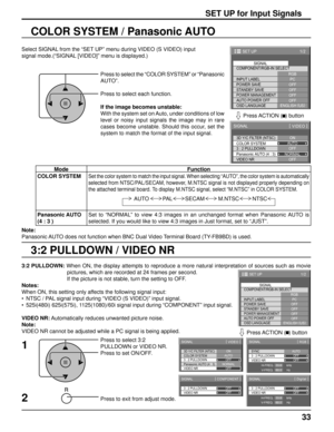 Page 3333
1/2
PC
OFF
STANDBY SAVE
OFF
POWER MANAGEMENTOFF
AUTO POWER OFF
OFF
OSD LANGUAGEENGLISH (
US) COMPONENT/RGB-IN SELECT
RGB
INPUT LABELSIGNAL
POWER SAVE
SET UP
3D Y/C FILTER (NTSC)
COLOR SYSTEM
SIGNAL
ON
AUTO
3 : 2 PULLDOWN
Panasonic AUTO (4 : 3)OFF
NORMAL
[ 
VIDEO ]
VIDEO NR
OFF
3D Y/C FILTER (NTSC)
COLOR SYSTEM
SIGNAL
ON
AUTO
3 : 2 PULLDOWN
Panasonic AUTO (4 : 3)OFF
NORMAL
[ 
VIDEO ]
VIDEO NR
OFF
SYNC
VIDEO NR
SIGNAL
AUTO
H-FREQ.
V-FREQ.kHz
Hz33.8
60.0
[ 
RGB ]
3 : 2 PULLDOWNOFF
OFF
3 : 2 PULLDOWN...