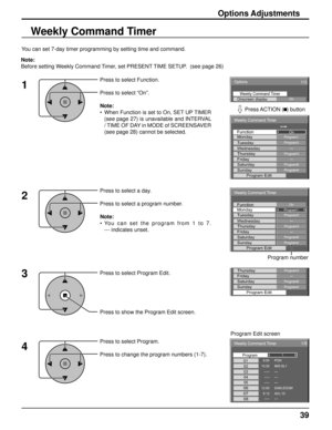Page 3939
Options 
On Weekly Command TimerOnscreen display 
1/3 
 
Weekly Command Timer 
On Program1Function Monday 
Program3Tuesday --- Wednesday Program3Thursday --- Friday Program6Saturday Program4Sunday Program Edit 
Weekly Command Timer 
Program1On Monday Function 
Program3Tuesday 
--- Wednesday Program3Thursday --- Friday Program6Saturday Program4Sunday Program Edit 
Program3Thursday --- Friday Program6Saturday Program4Sunday Program Edit 
Weekly Command Timer 
8:00 
10:30 01
02
1/8
--:-- 03--:-- 04--:--...